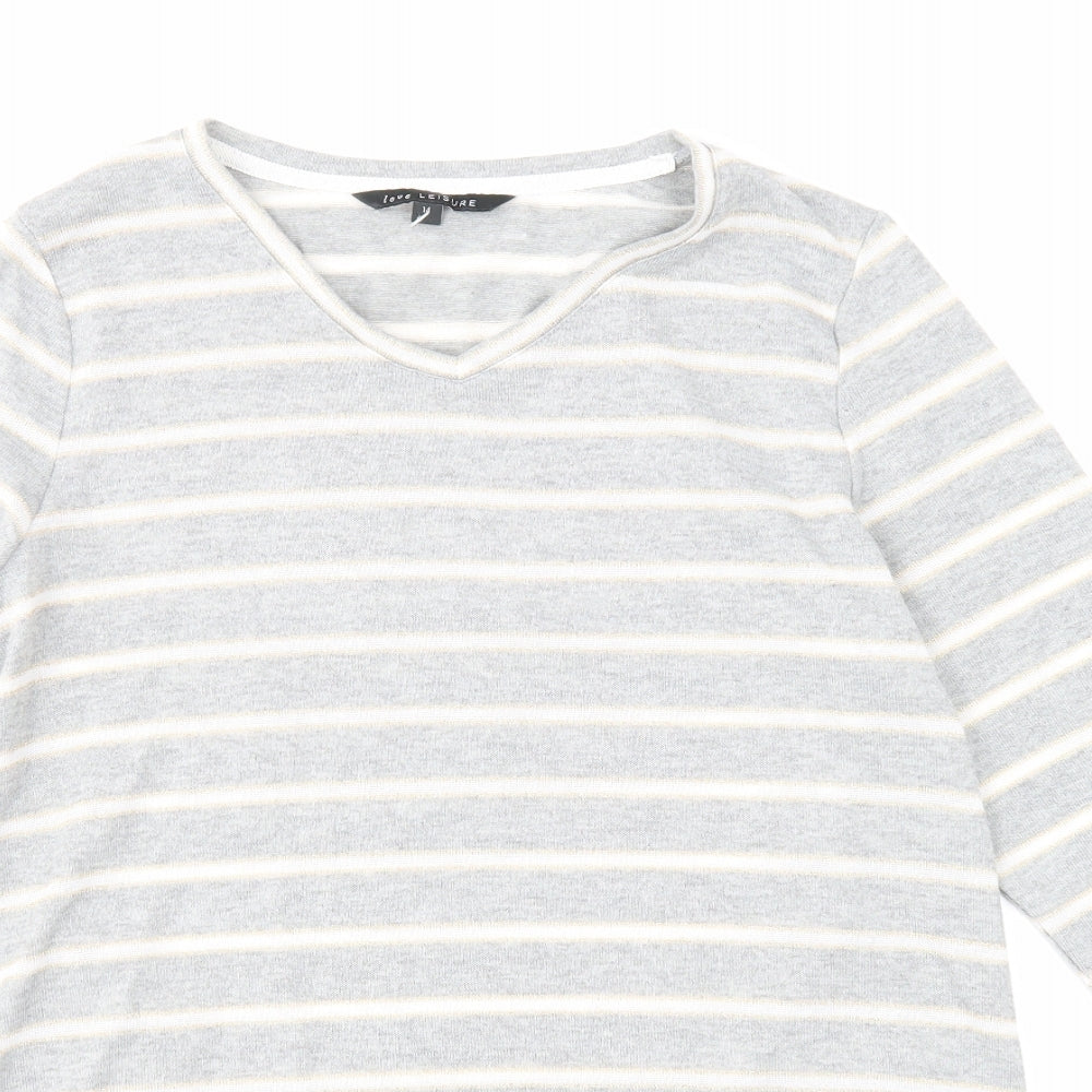 Love Leisure Womens Grey V-Neck Striped Polyester Pullover Jumper Size 14
