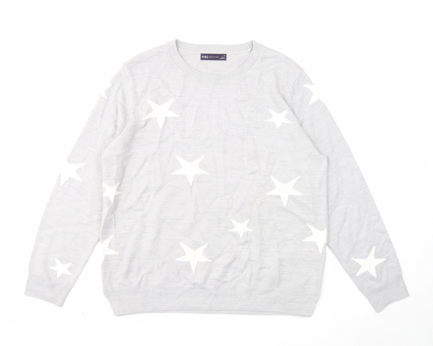 Marks and Spencer Womens Grey Round Neck Geometric Acrylic Pullover Jumper Size 14 - Star Pattern