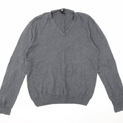 H&M Womens Grey V-Neck Cotton Pullover Jumper Size L