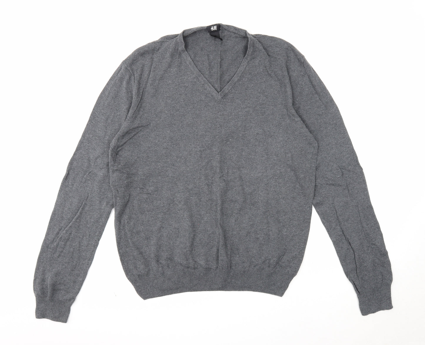 H&M Womens Grey V-Neck Cotton Pullover Jumper Size L