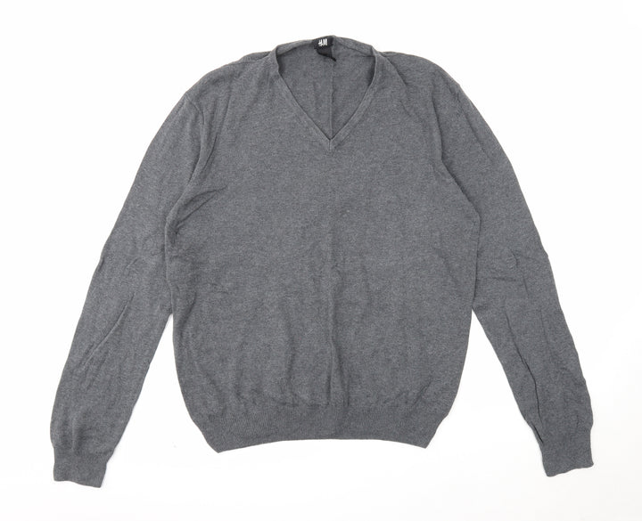 H&M Womens Grey V-Neck Cotton Pullover Jumper Size L
