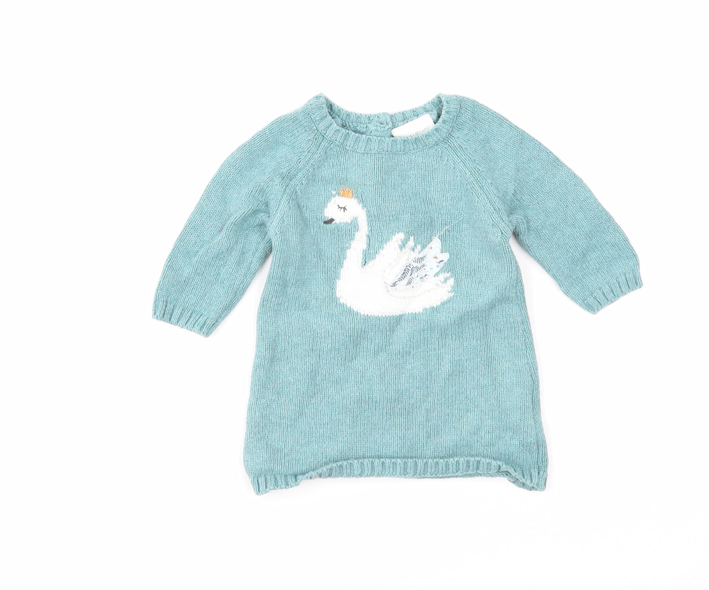 NEXT Girls Blue Cotton Jumper Dress Size 0-3 Months Round Neck Button - Swan