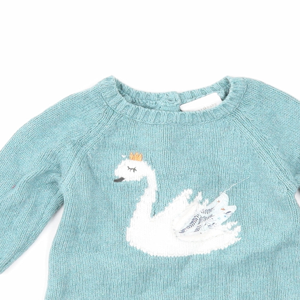 NEXT Girls Blue Cotton Jumper Dress Size 0-3 Months Round Neck Button - Swan