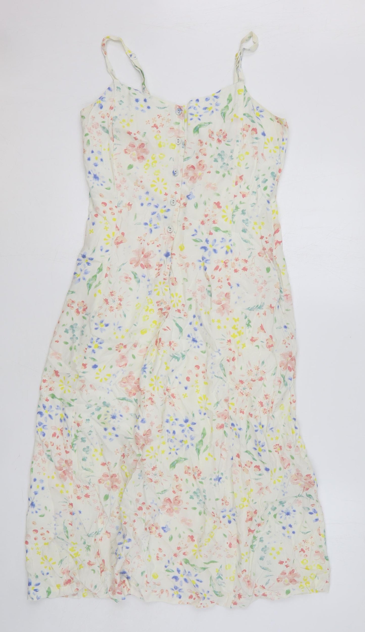 Preworn Womens Beige Floral Polyester Tank Dress Size XS V-Neck Button