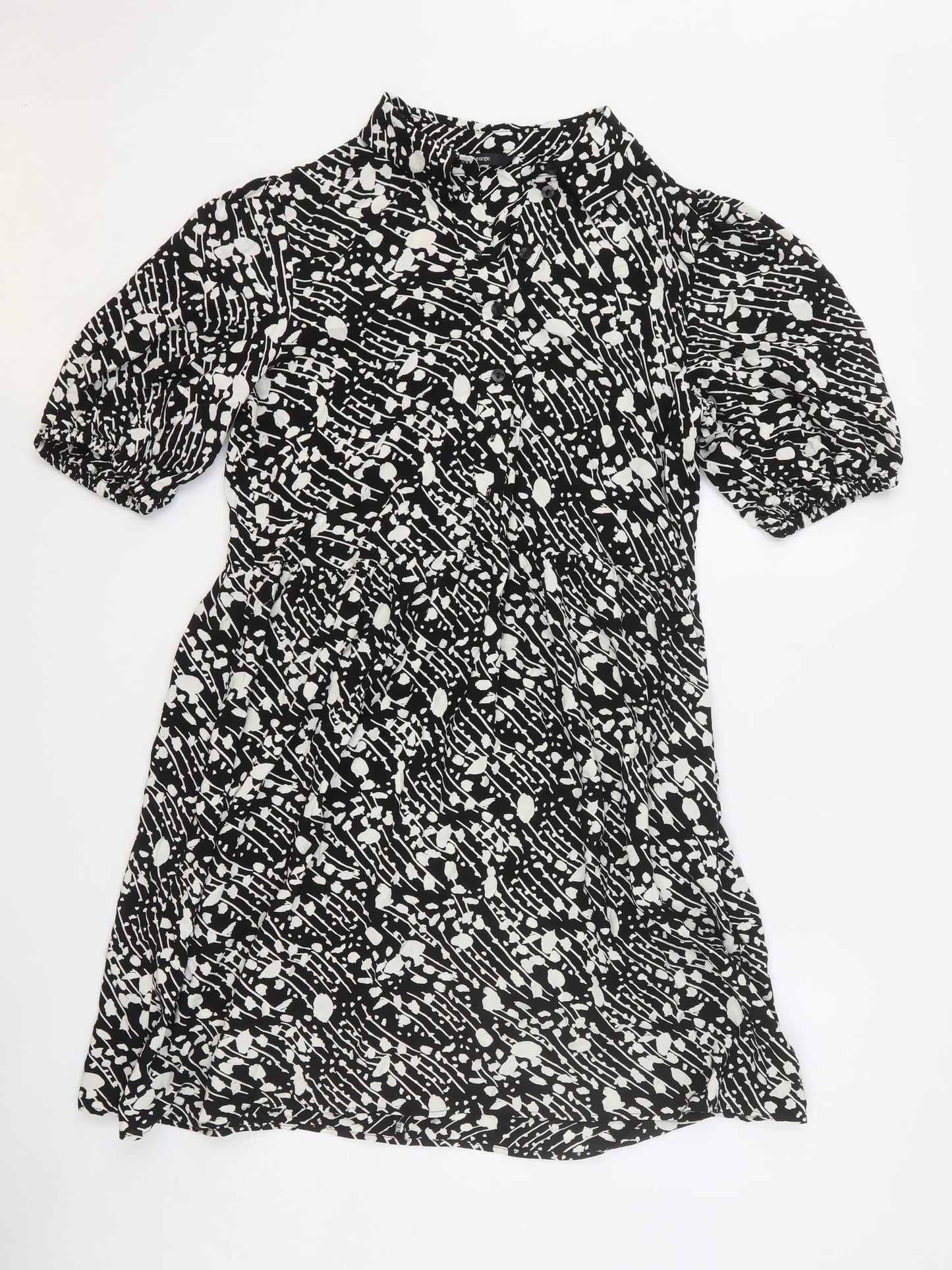 George Womens Black Geometric Viscose A-Line Size 10 Collared Button