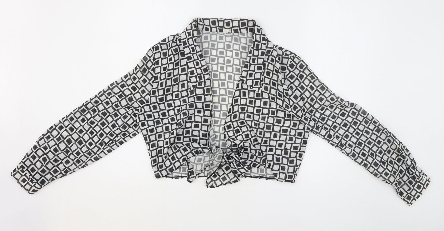 Preworn Womens Black Geometric Polyester Cropped Blouse Size 14 Collared
