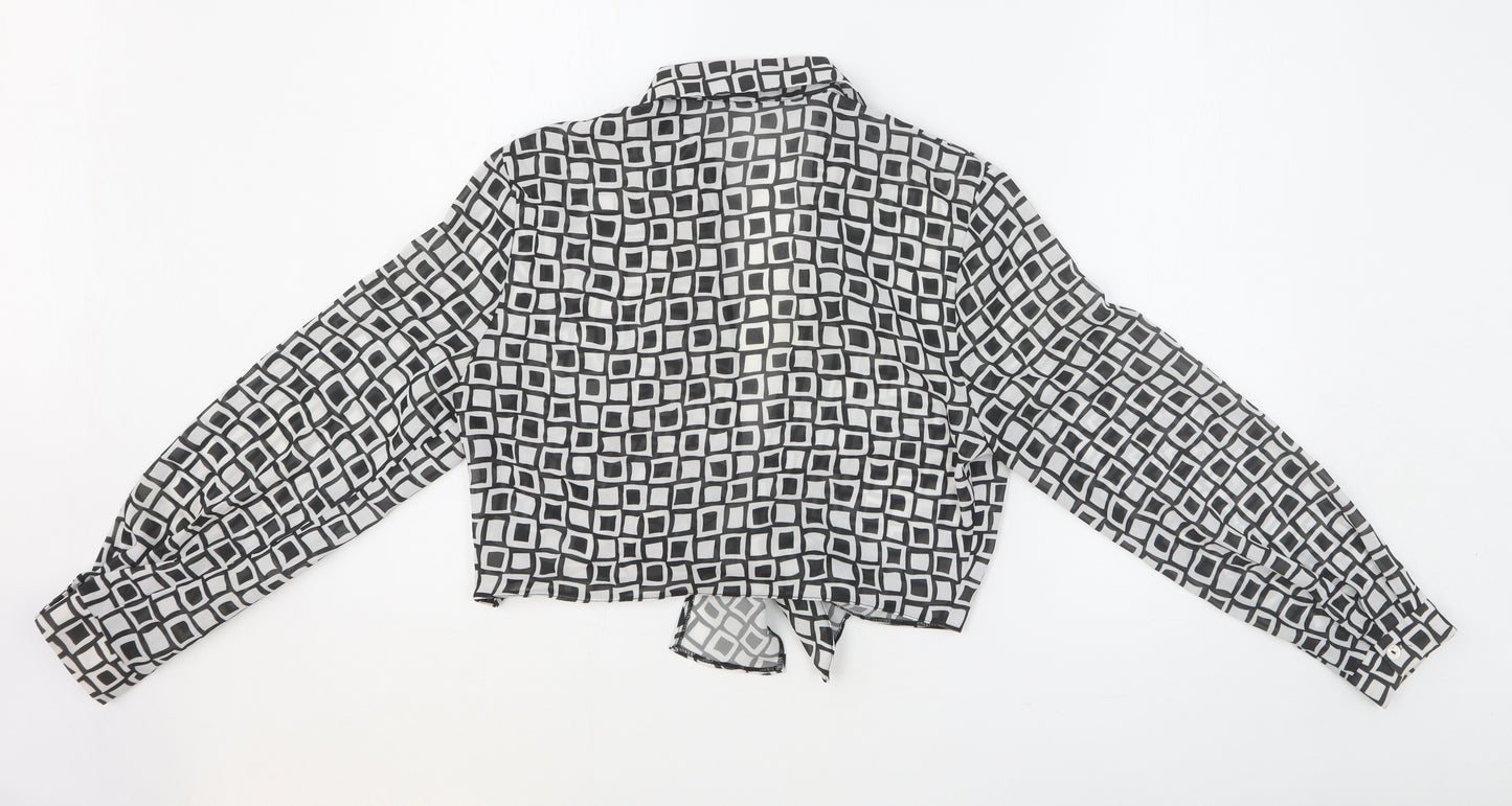 Preworn Womens Black Geometric Polyester Cropped Blouse Size 14 Collared