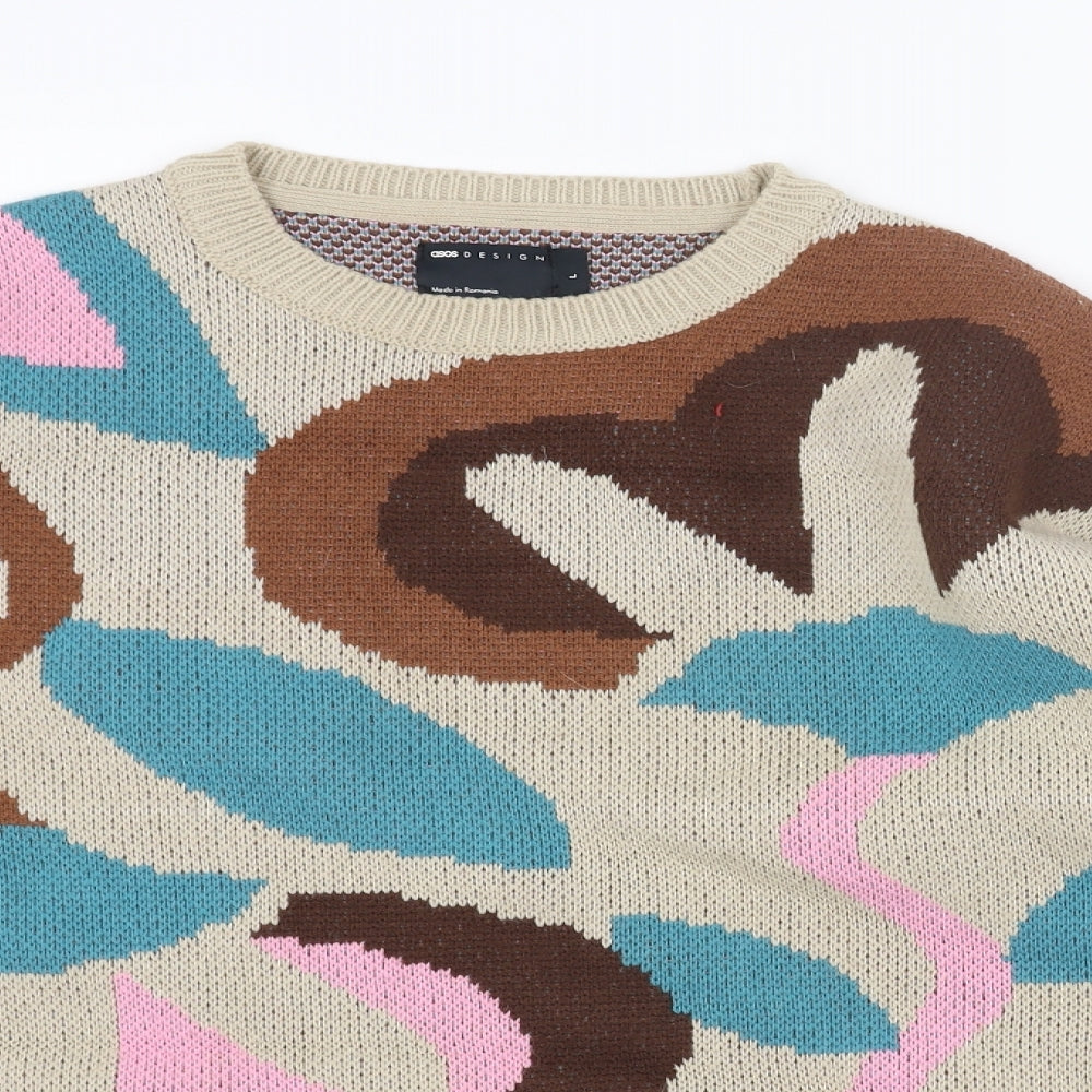 ASOS Womens Brown Round Neck Geometric Acrylic Pullover Jumper Size L