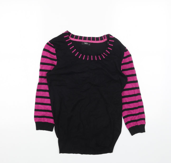 M&Co Womens Black Scoop Neck Striped Acrylic Pullover Jumper Size 10