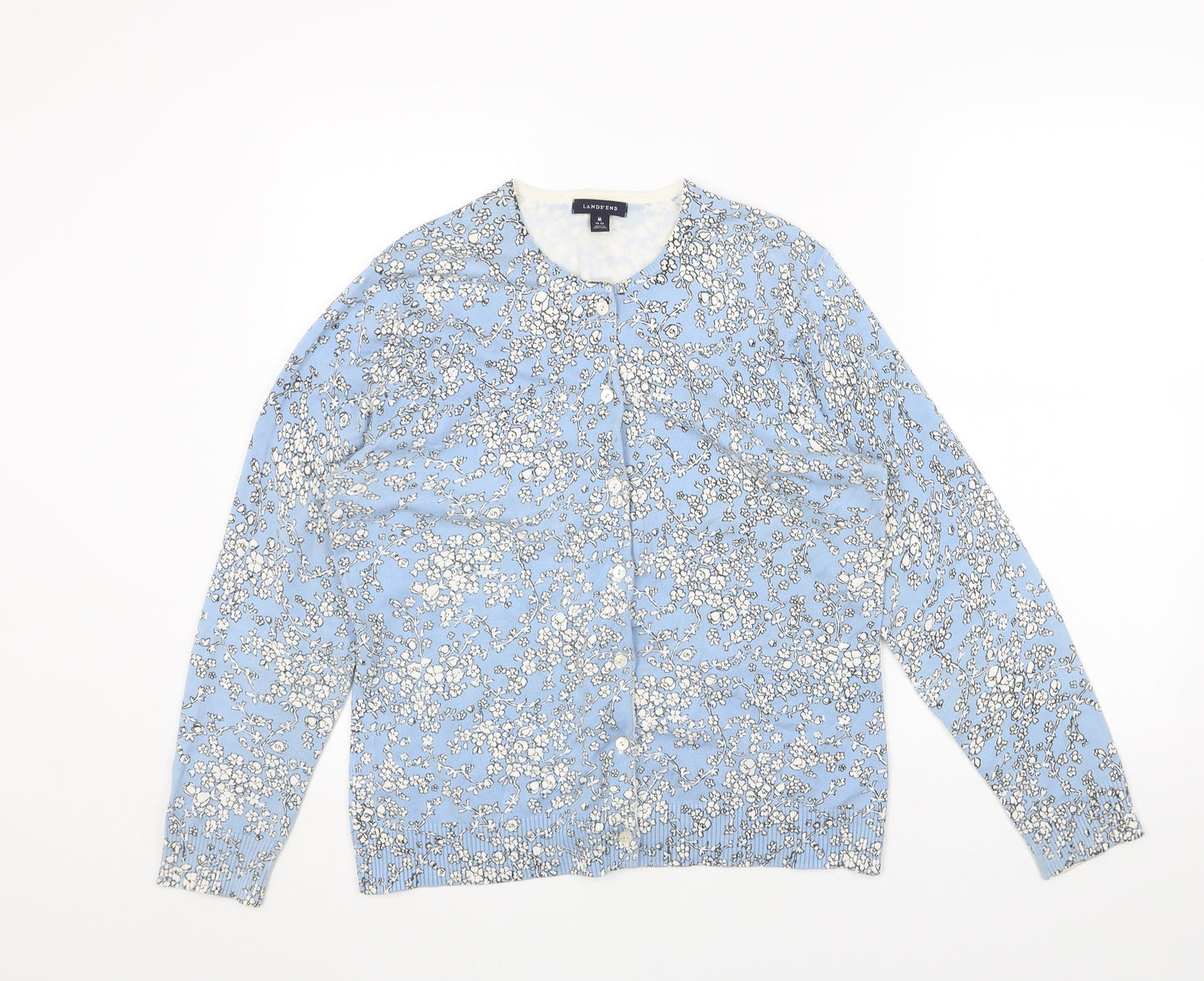 Lands' End Womens Blue Scoop Neck Floral Acrylic Cardigan Jumper Size M