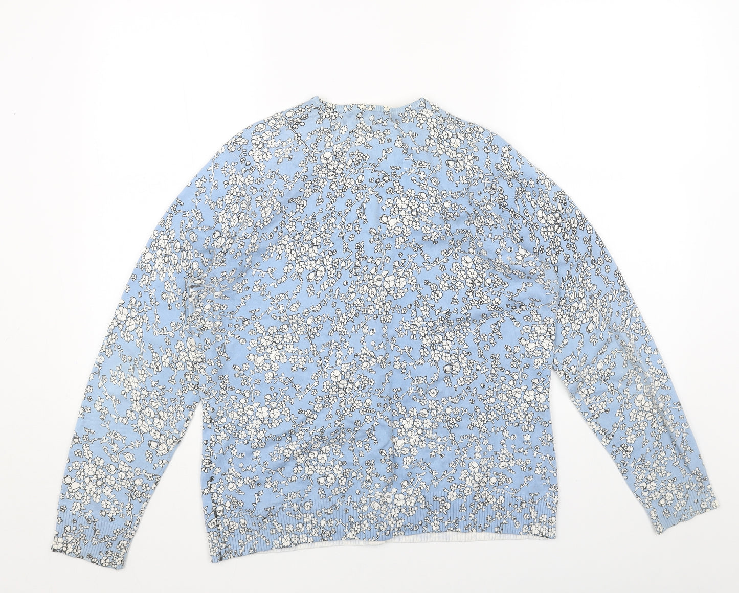 Lands' End Womens Blue Scoop Neck Floral Acrylic Cardigan Jumper Size M