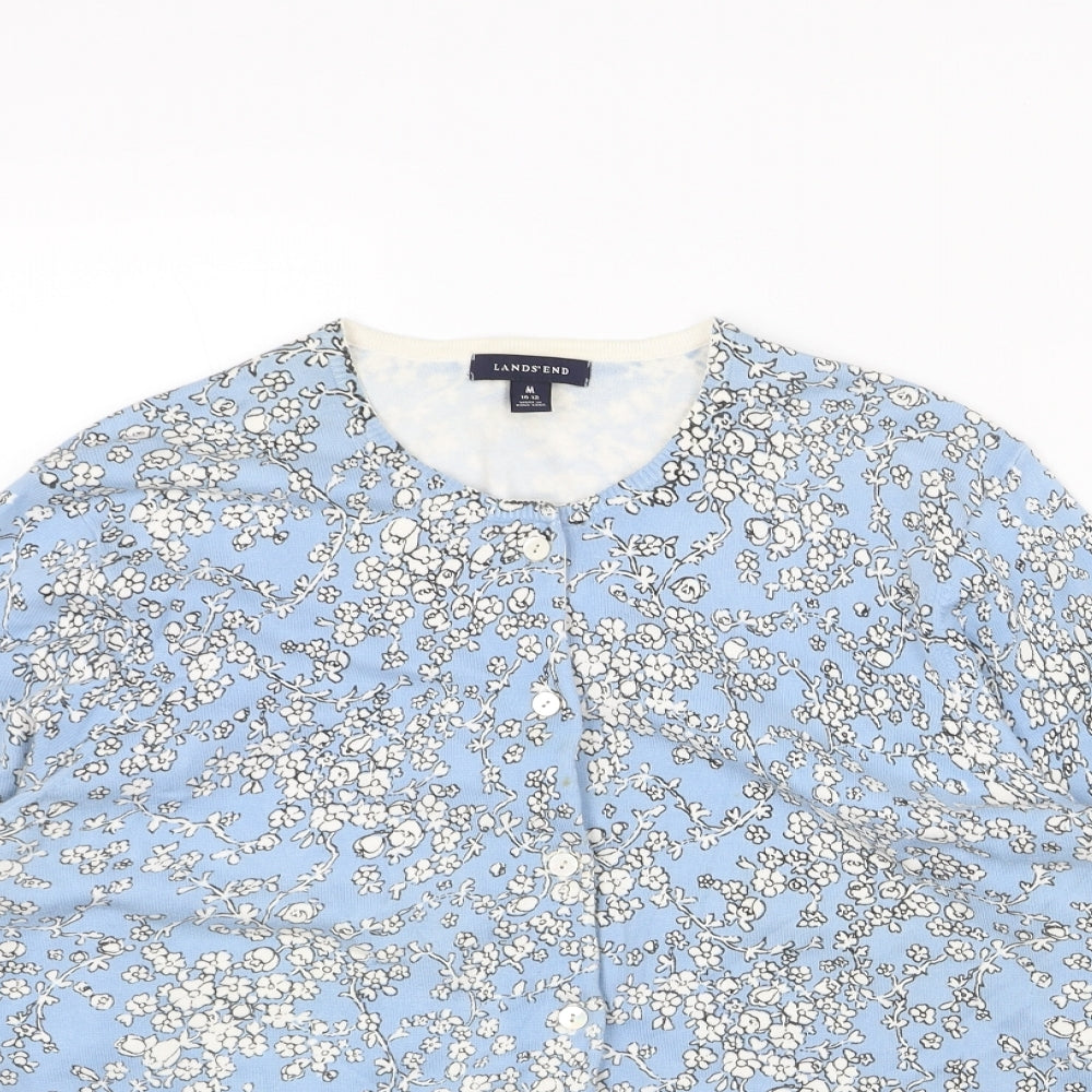 Lands' End Womens Blue Scoop Neck Floral Acrylic Cardigan Jumper Size M