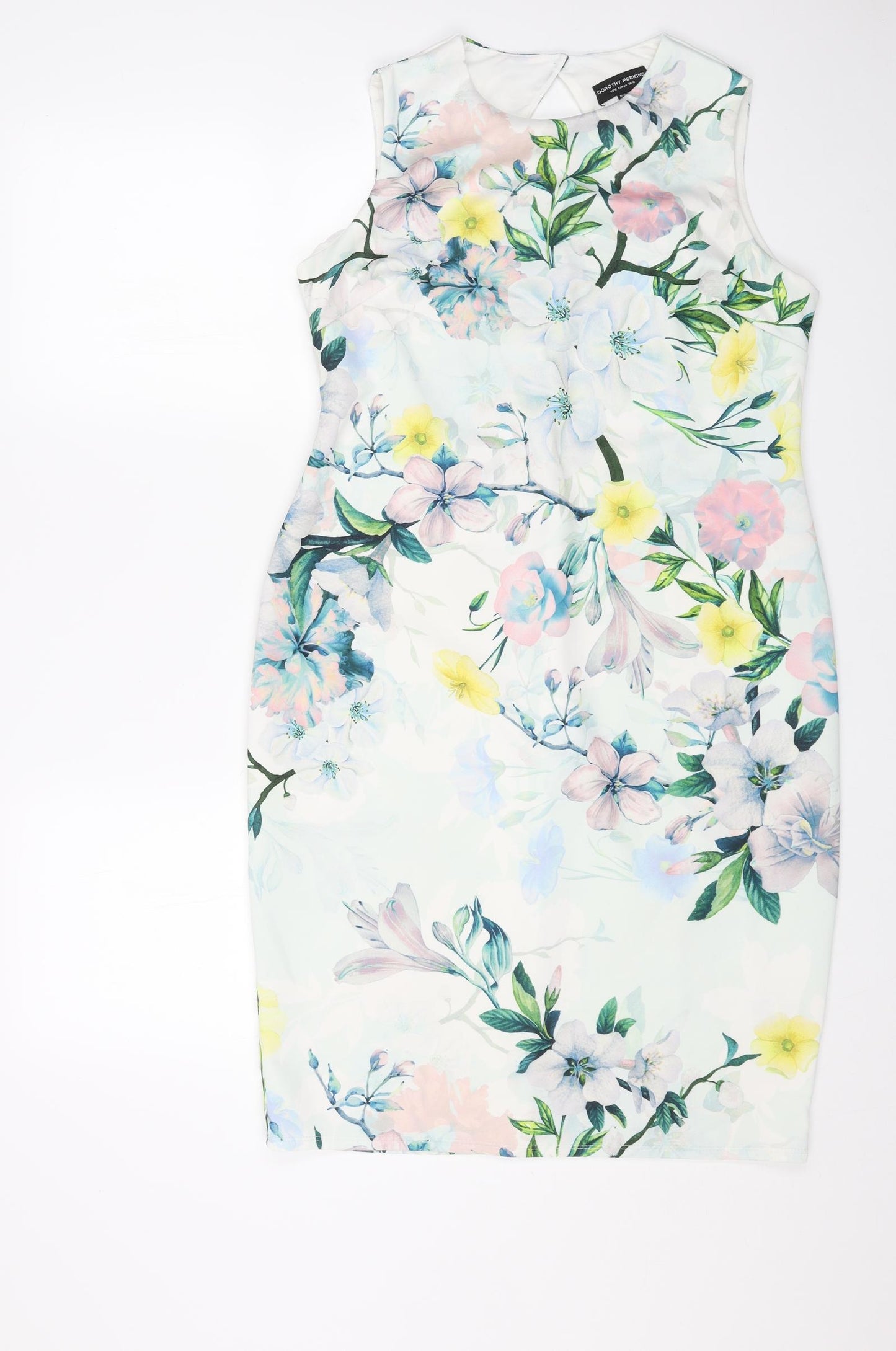 Dorothy Perkins Womens White Floral Polyester Bodycon Size 16 Scoop Neck Button