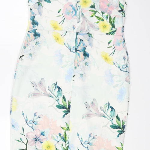 Dorothy Perkins Womens White Floral Polyester Bodycon Size 16 Scoop Neck Button