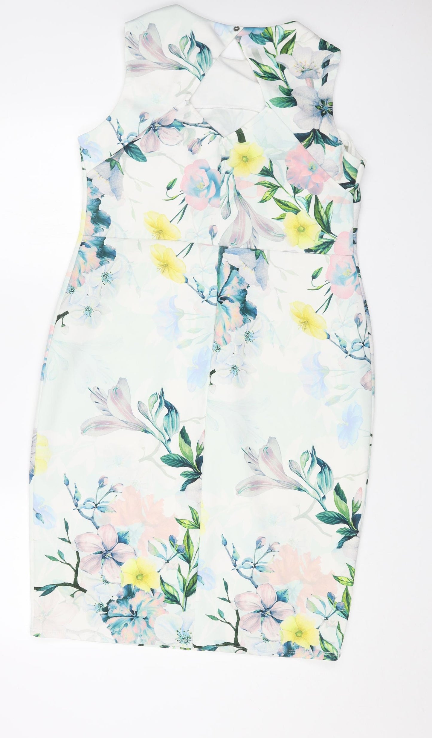 Dorothy Perkins Womens White Floral Polyester Bodycon Size 16 Scoop Neck Button