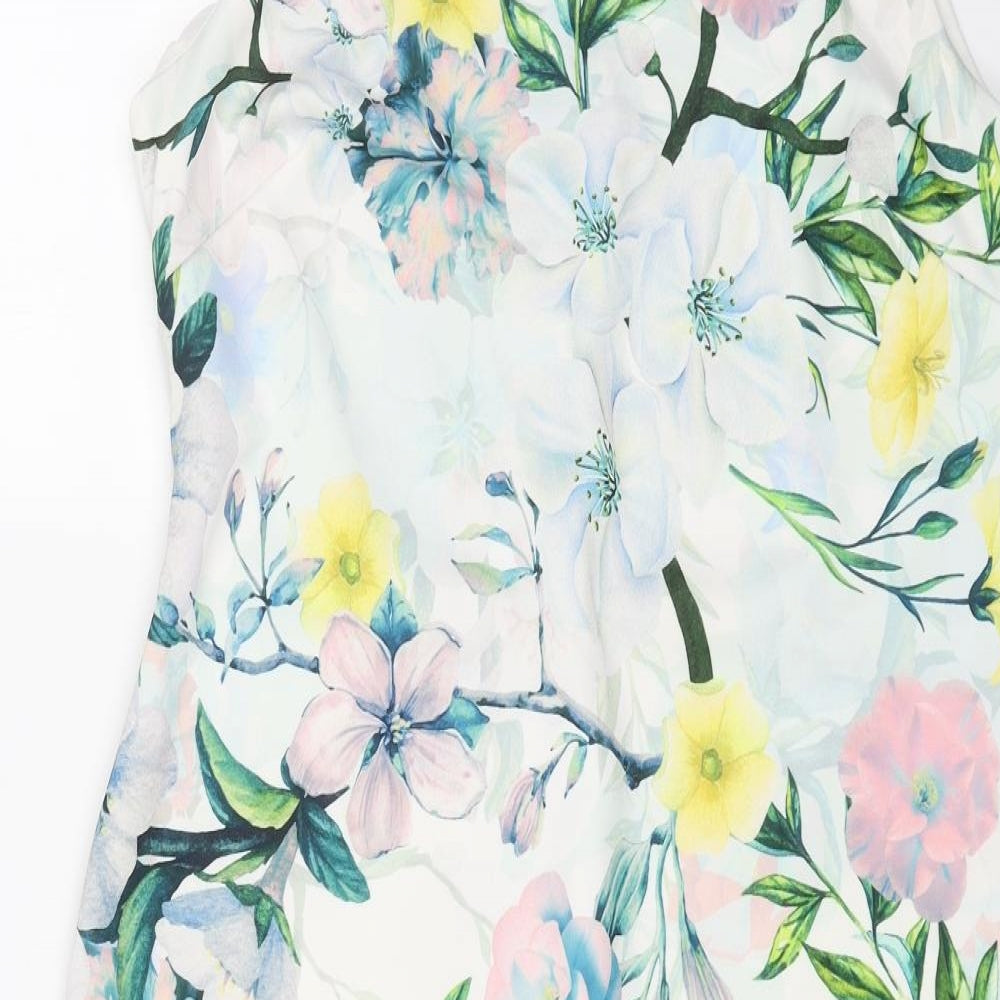 Dorothy Perkins Womens White Floral Polyester Bodycon Size 16 Scoop Neck Button