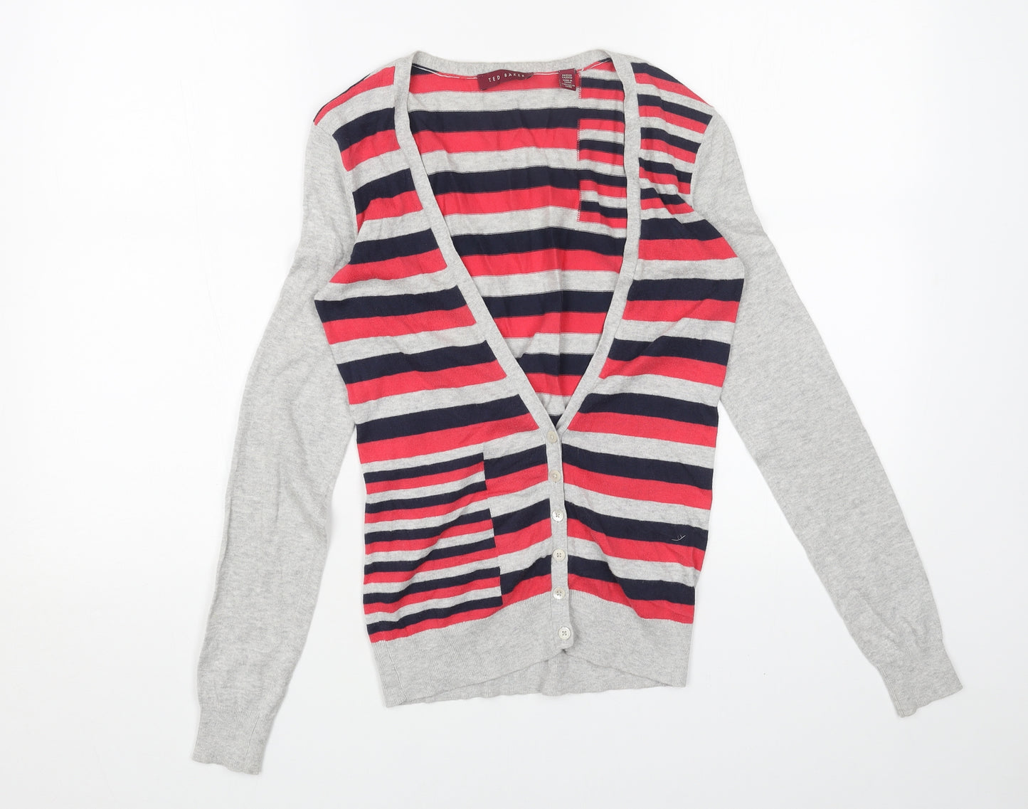 Ted Baker Womens Grey V-Neck Striped Cotton Cardigan Jumper Size M
