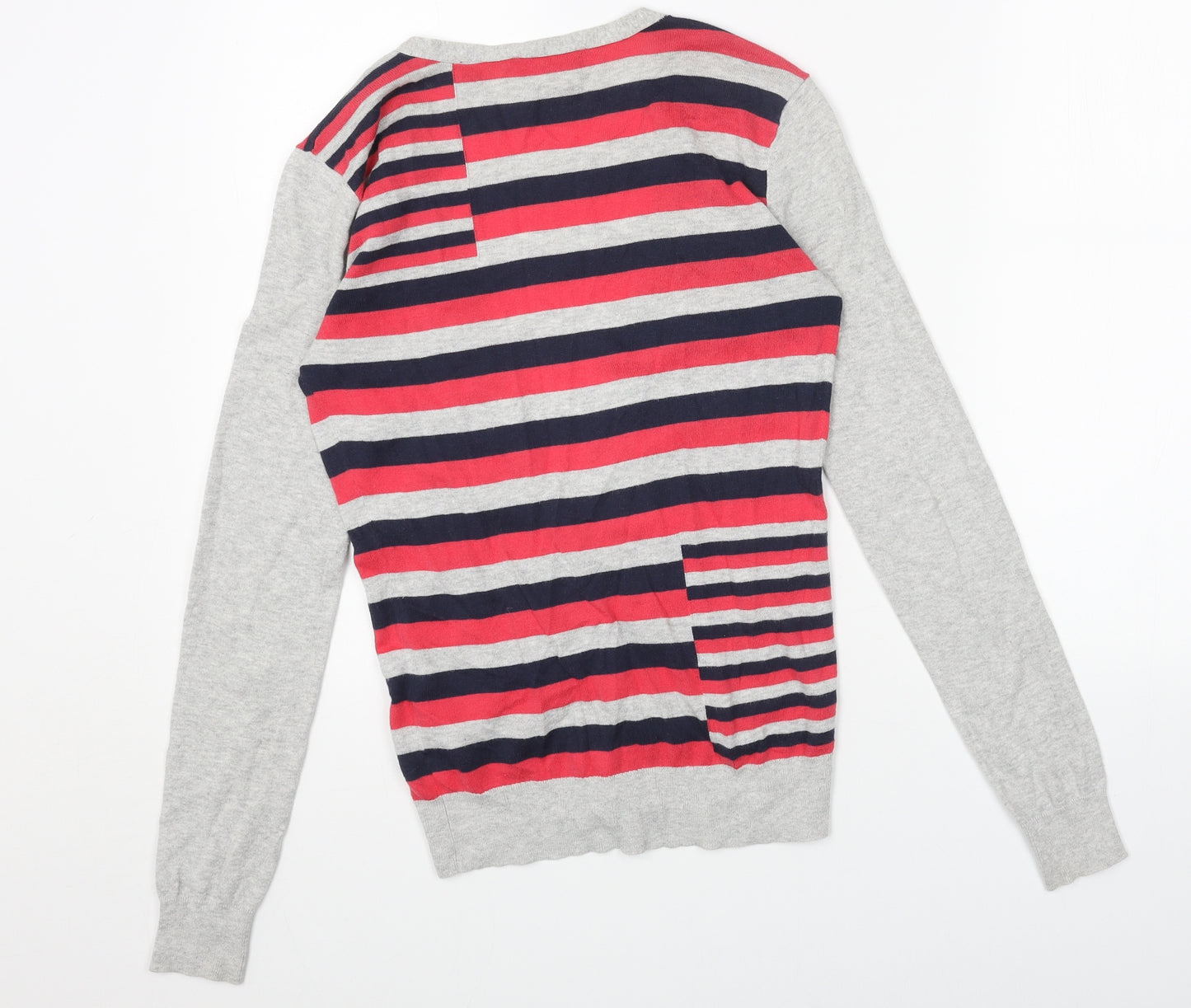 Ted Baker Womens Grey V-Neck Striped Cotton Cardigan Jumper Size M