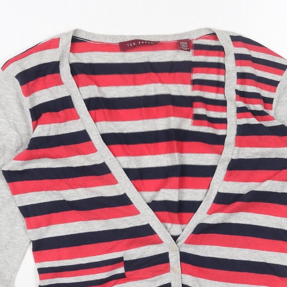 Ted Baker Womens Grey V-Neck Striped Cotton Cardigan Jumper Size M