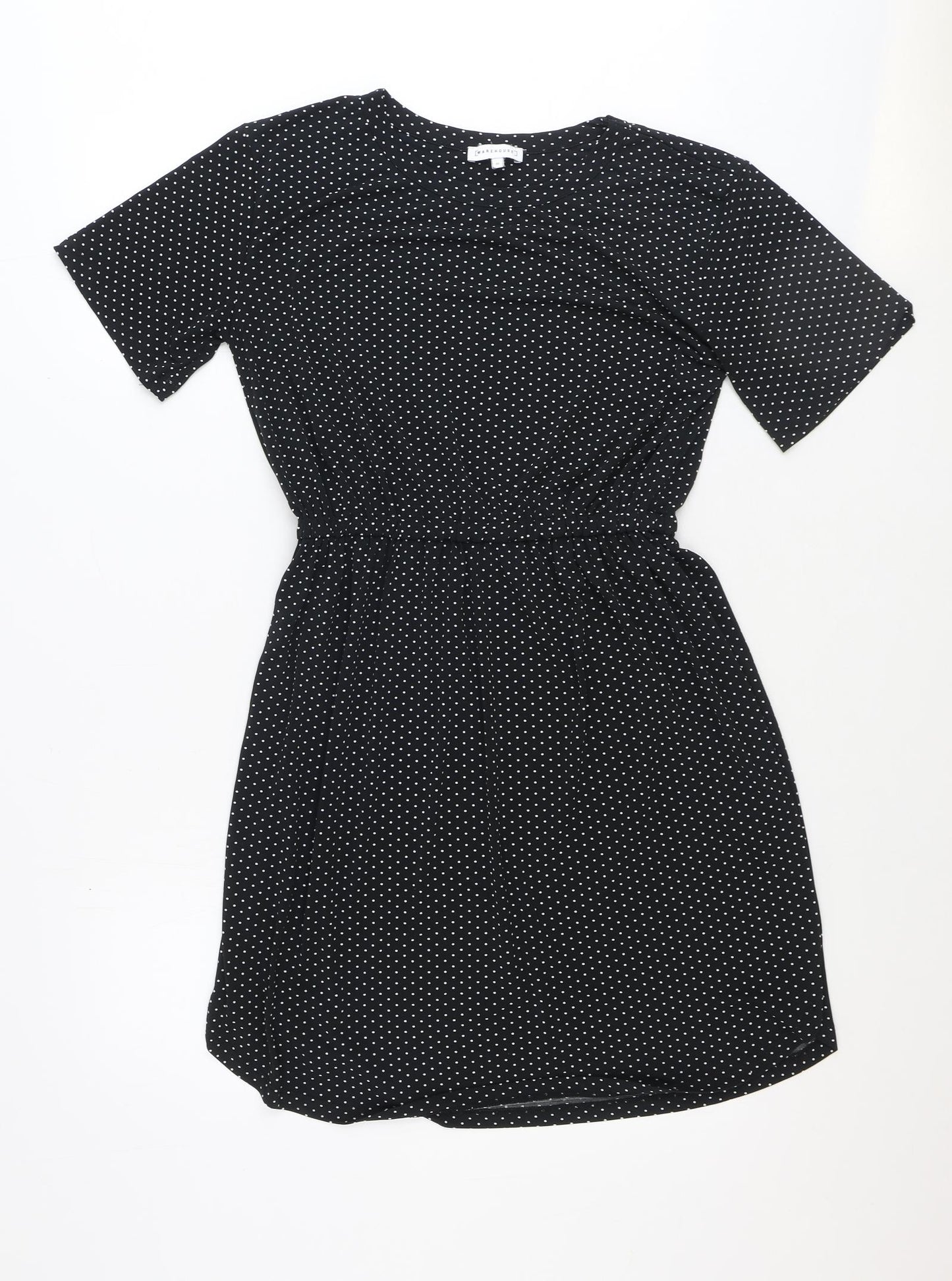 Warehouse Womens Black Polka Dot Polyester Fit & Flare Size 10 Round Neck Pullover