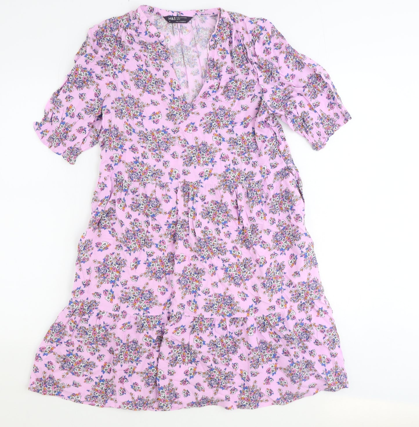 Marks and Spencer Womens Purple Floral Viscose Fit & Flare Size 8 V-Neck Pullover