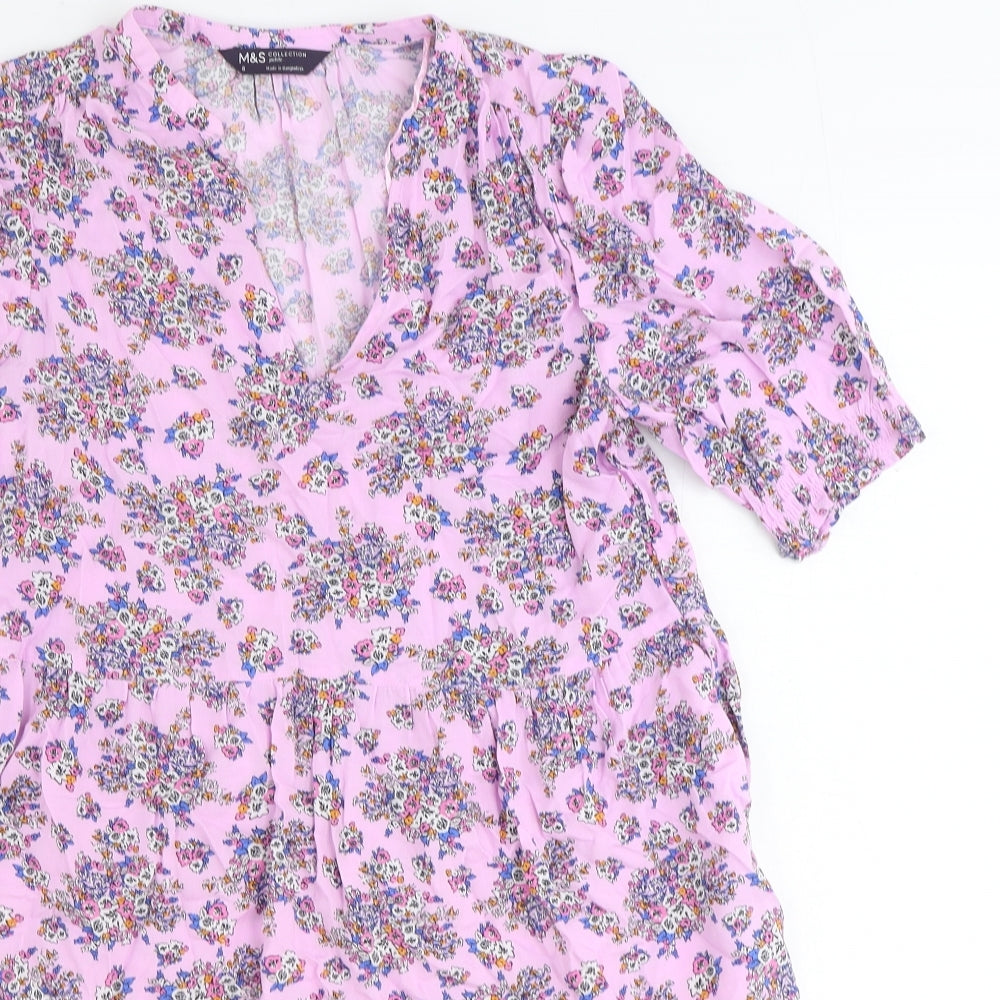Marks and Spencer Womens Purple Floral Viscose Fit & Flare Size 8 V-Neck Pullover