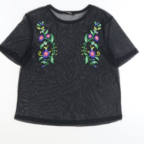 Zara Womens Black Polyester Basic T-Shirt Size S Round Neck - Flower Detail