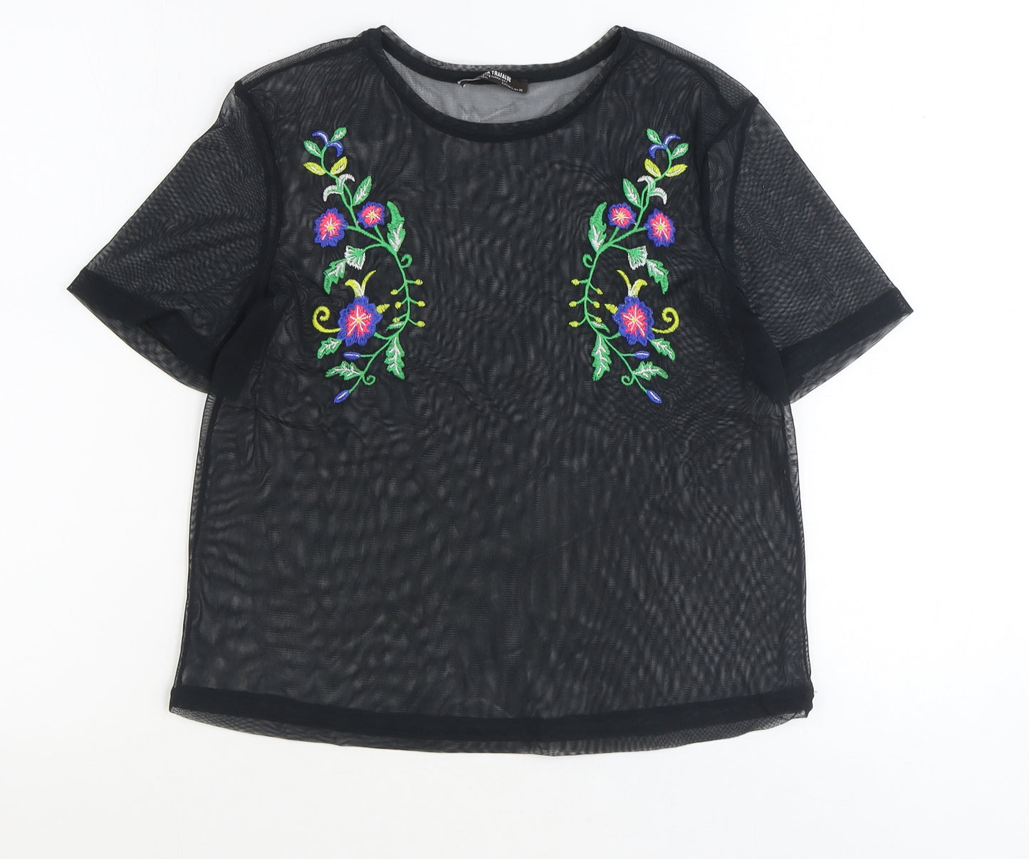Zara Womens Black Polyester Basic T-Shirt Size S Round Neck - Flower Detail