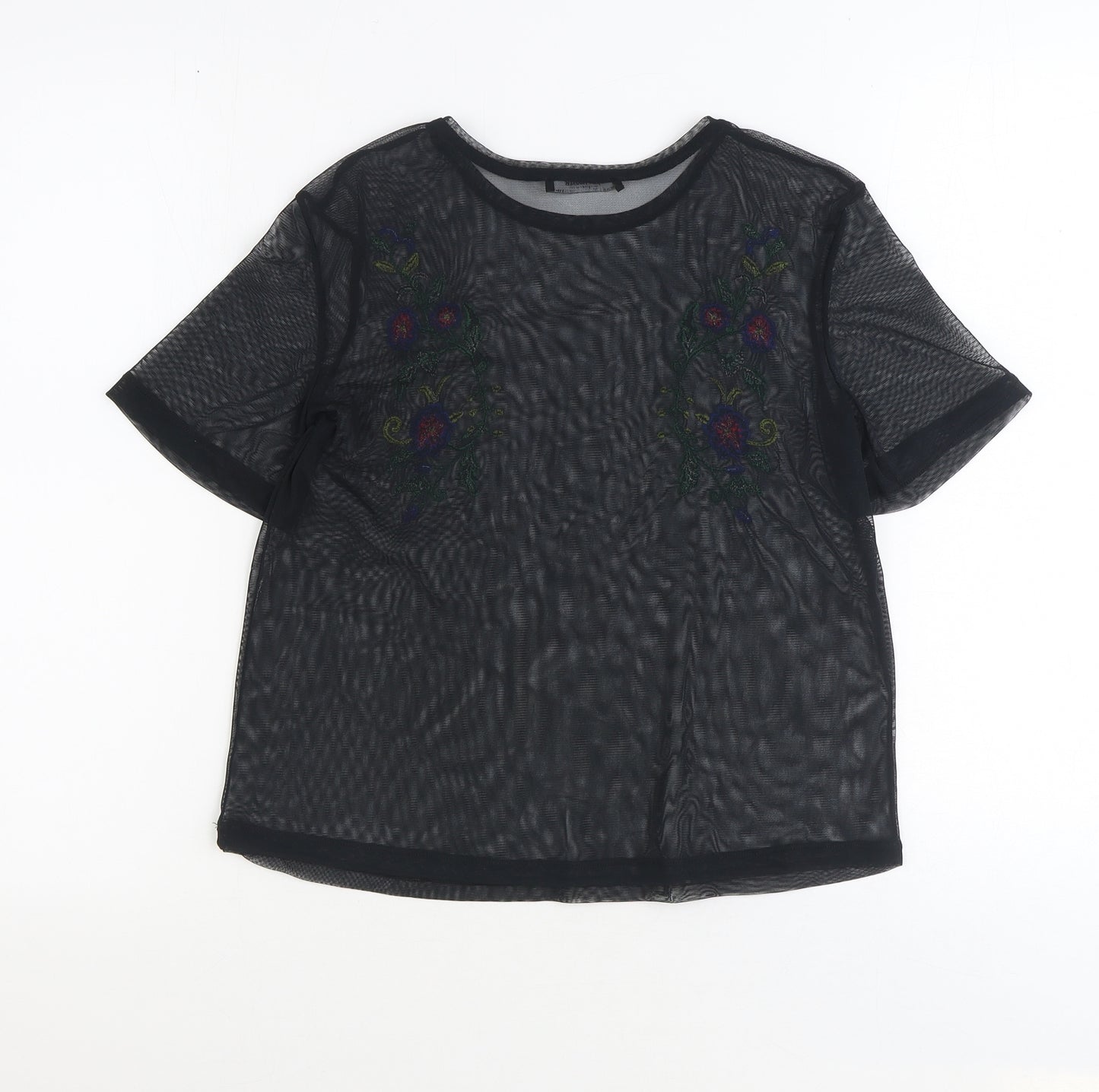 Zara Womens Black Polyester Basic T-Shirt Size S Round Neck - Flower Detail