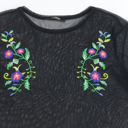 Zara Womens Black Polyester Basic T-Shirt Size S Round Neck - Flower Detail