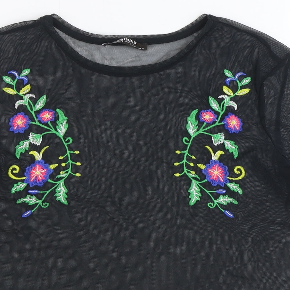Zara Womens Black Polyester Basic T-Shirt Size S Round Neck - Flower Detail