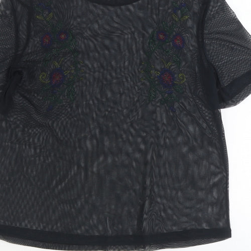 Zara Womens Black Polyester Basic T-Shirt Size S Round Neck - Flower Detail