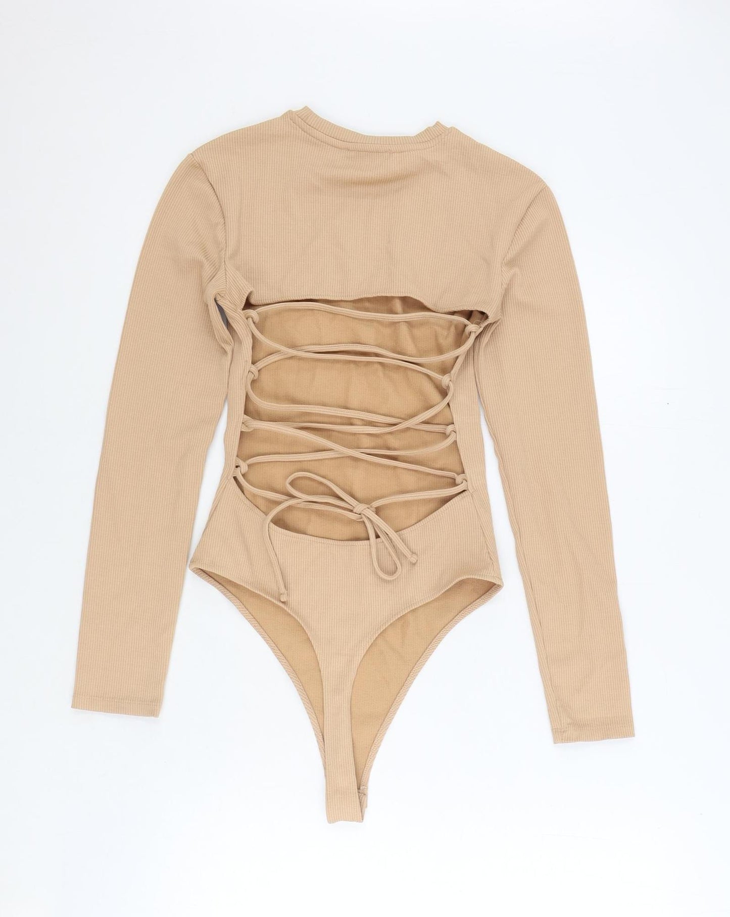 Bershka Womens Beige Polyamide Bodysuit One-Piece Size M Snap - Open Back
