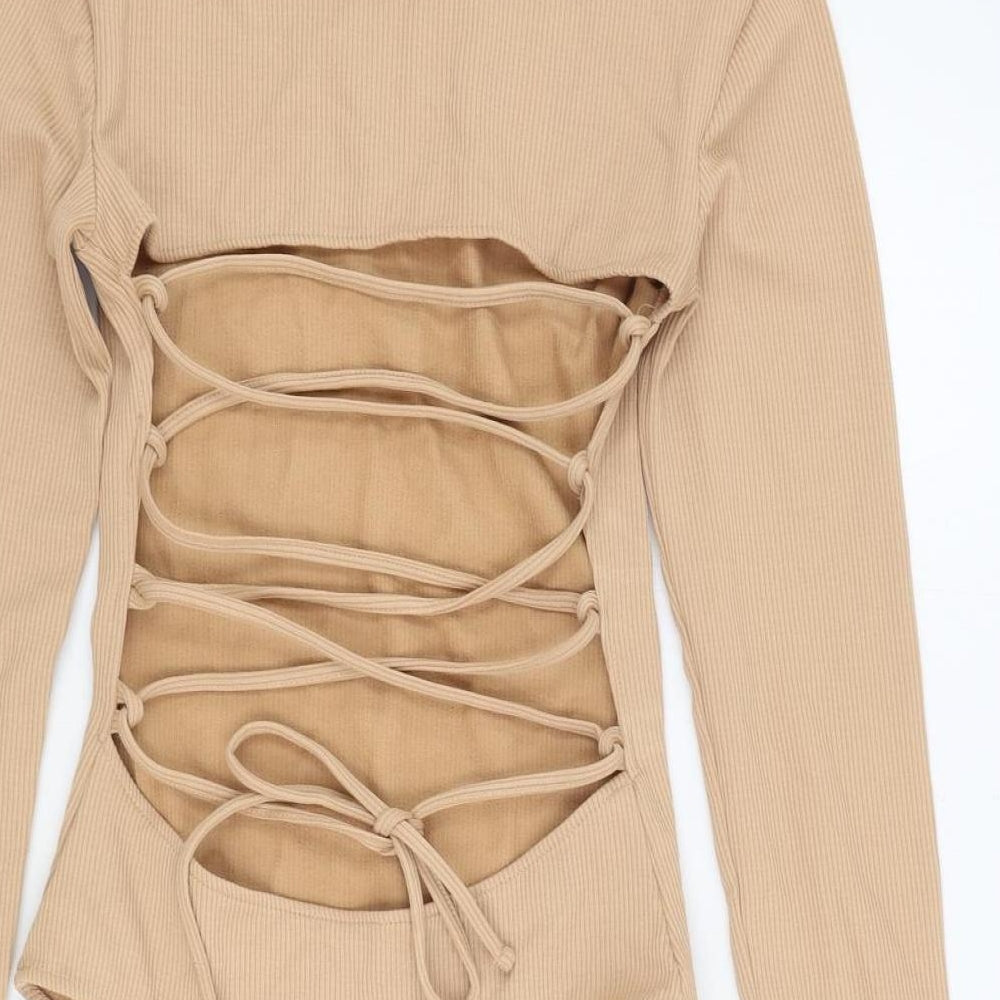 Bershka Womens Beige Polyamide Bodysuit One-Piece Size M Snap - Open Back