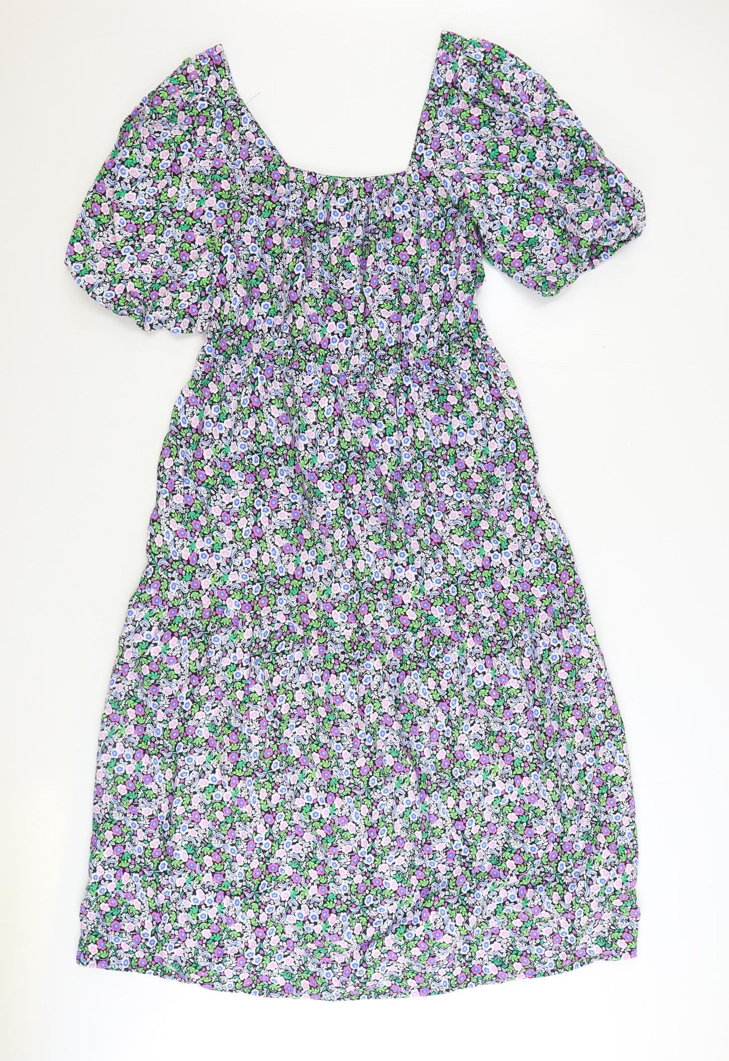 Marks and Spencer Womens Multicoloured Floral Cotton Fit & Flare Size 10 Square Neck Pullover