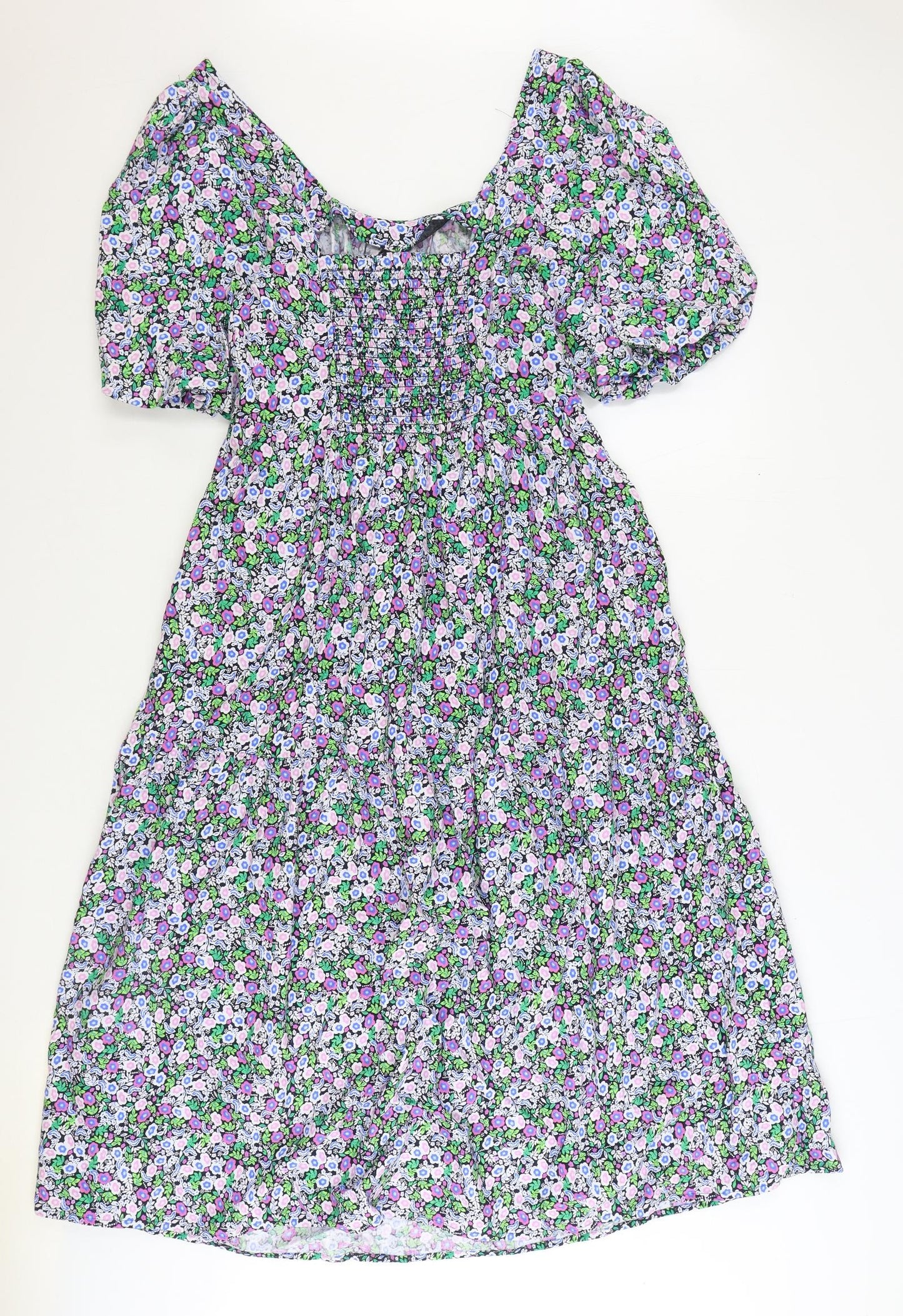 Marks and Spencer Womens Multicoloured Floral Cotton Fit & Flare Size 10 Square Neck Pullover