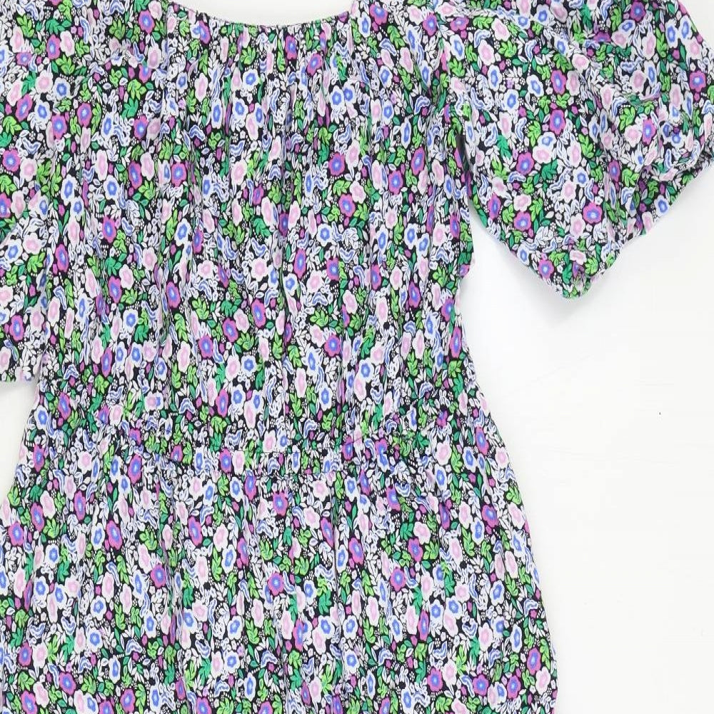 Marks and Spencer Womens Multicoloured Floral Cotton Fit & Flare Size 10 Square Neck Pullover