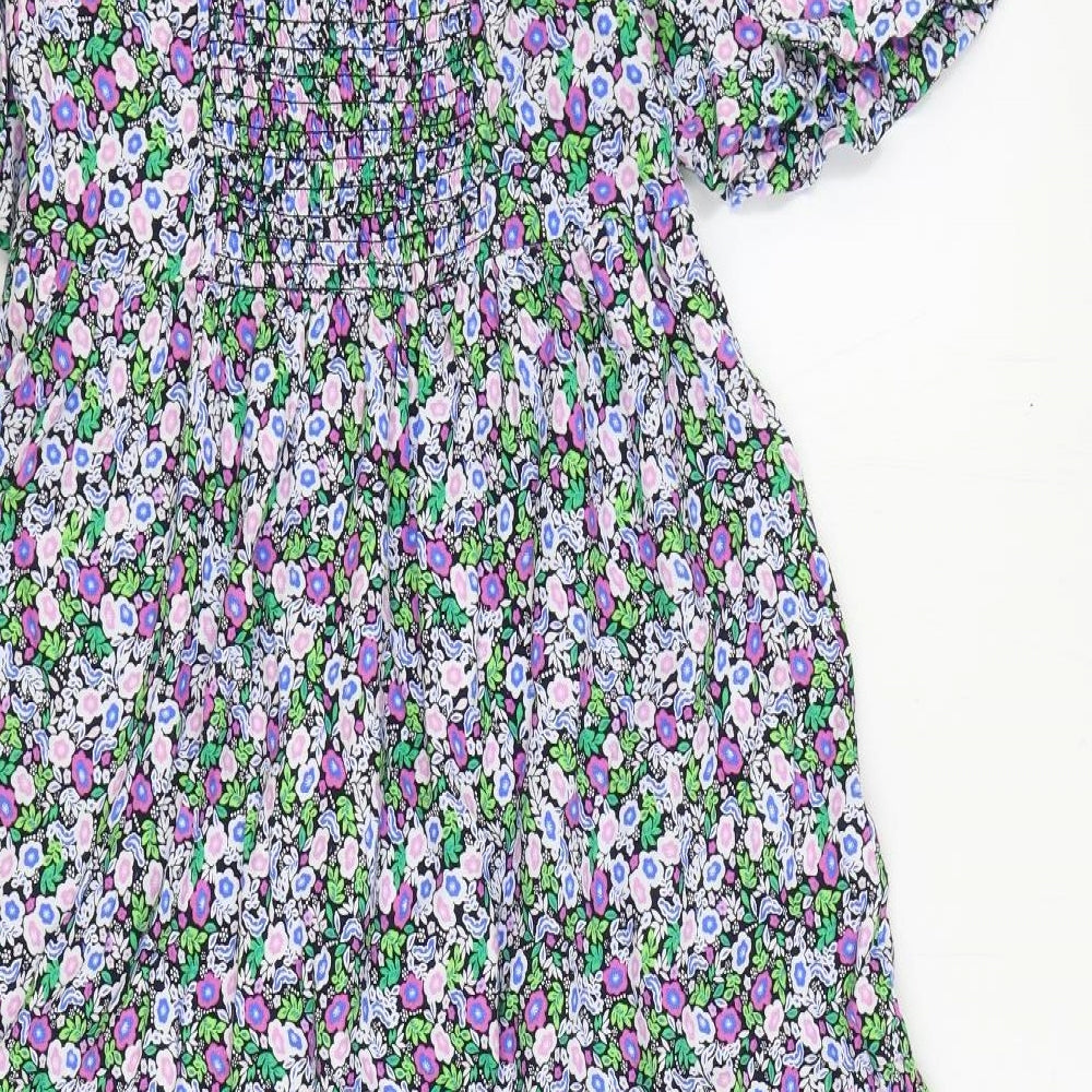 Marks and Spencer Womens Multicoloured Floral Cotton Fit & Flare Size 10 Square Neck Pullover