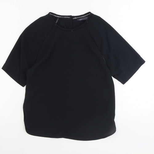 Marks and Spencer Womens Black Herringbone Polyester Basic T-Shirt Size 6 Round Neck