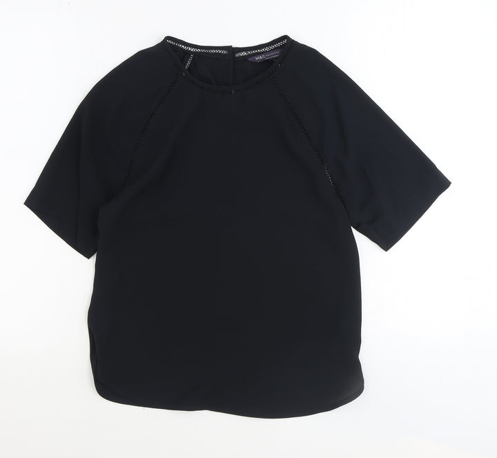 Marks and Spencer Womens Black Herringbone Polyester Basic T-Shirt Size 6 Round Neck