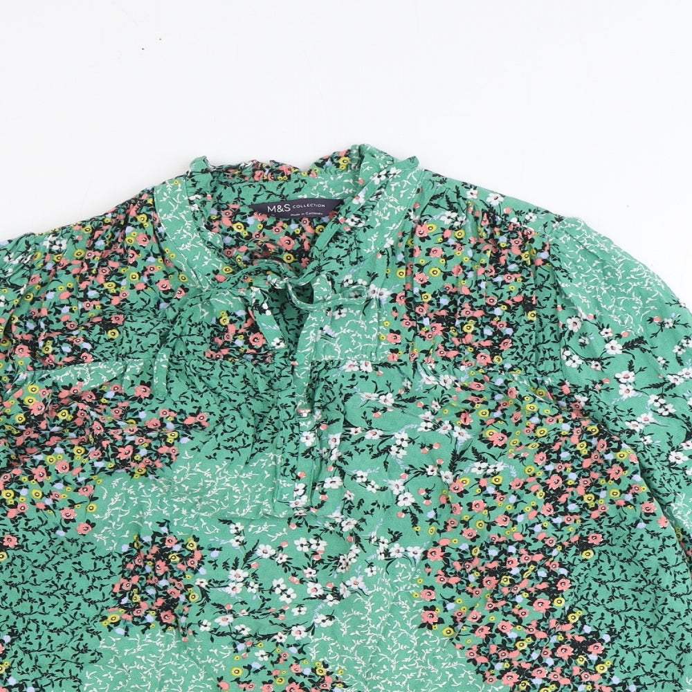 Marks and Spencer Womens Green Floral Viscose Basic Blouse Size 10 V-Neck