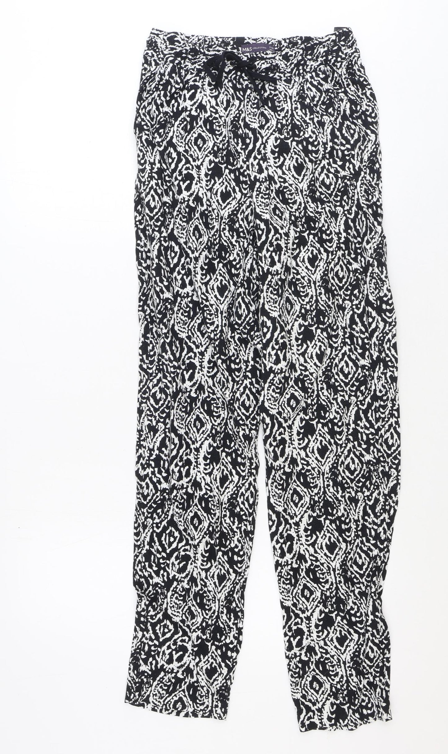 Marks and Spencer Womens Black Geometric Linen Trousers Size 8 Regular Drawstring