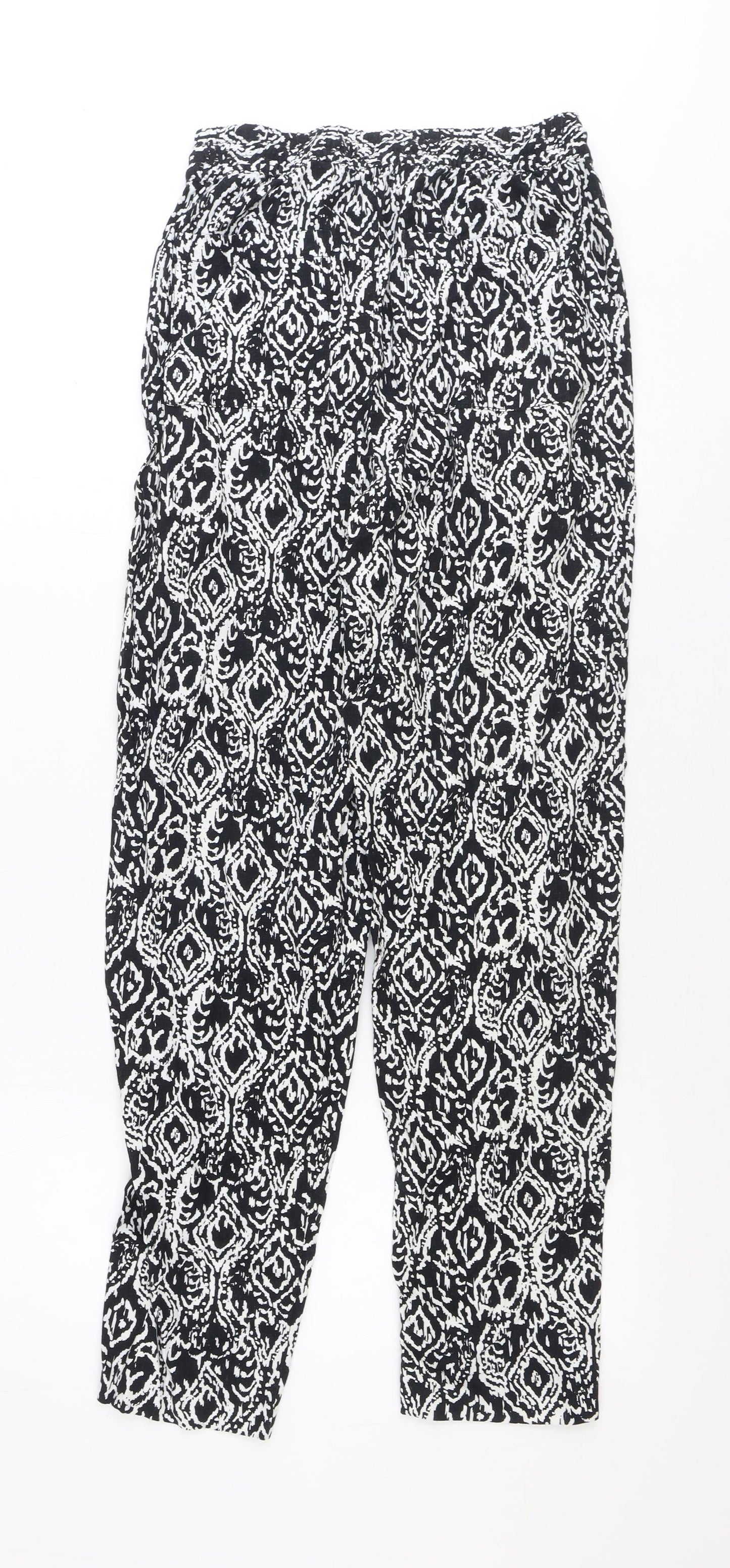 Marks and Spencer Womens Black Geometric Linen Trousers Size 8 Regular Drawstring