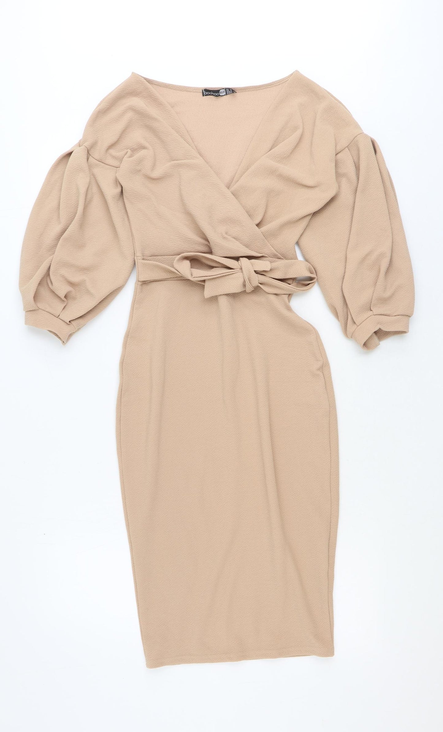 Boohoo Womens Beige Polyester Shift Size 10 V-Neck Tie