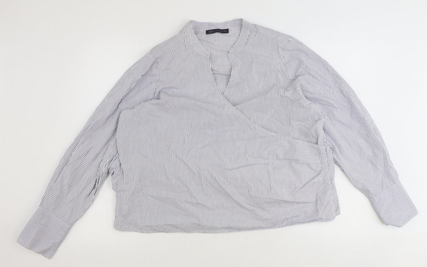 Marks and Spencer Womens White Striped 100% Cotton Wrap Blouse Size 18 V-Neck