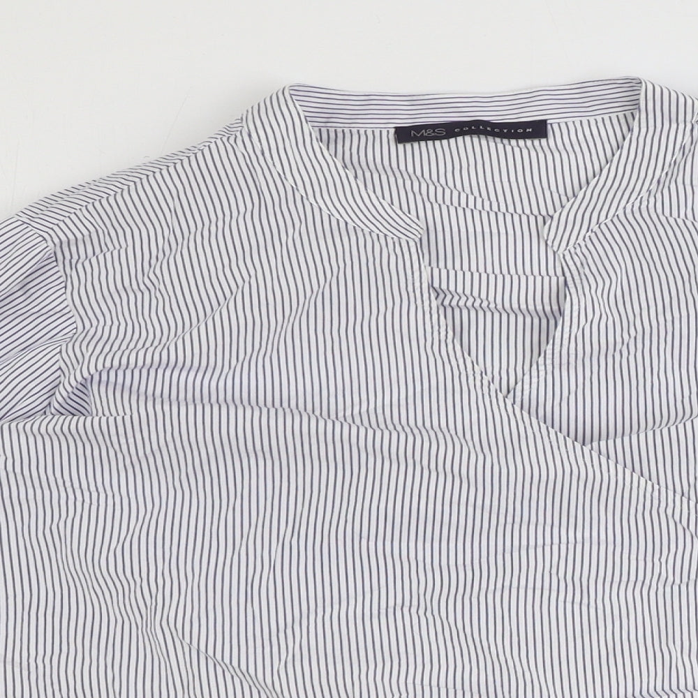 Marks and Spencer Womens White Striped 100% Cotton Wrap Blouse Size 18 V-Neck