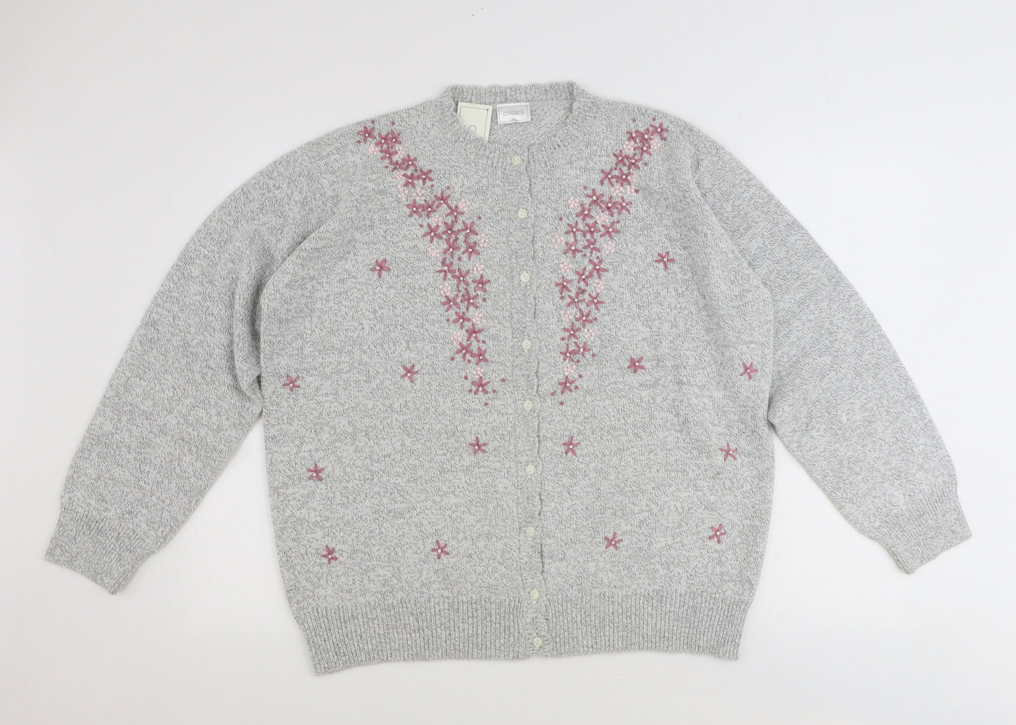 Classics Womens Grey Round Neck Floral Acrylic Cardigan Jumper Size M