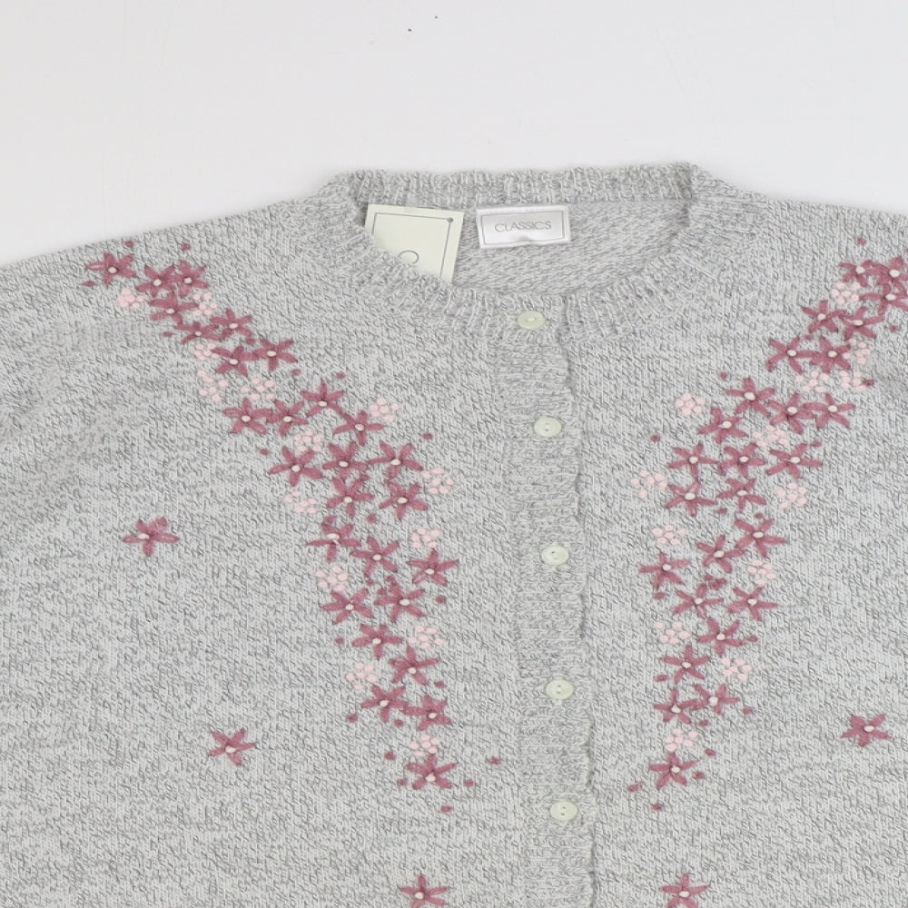 Classics Womens Grey Round Neck Floral Acrylic Cardigan Jumper Size M