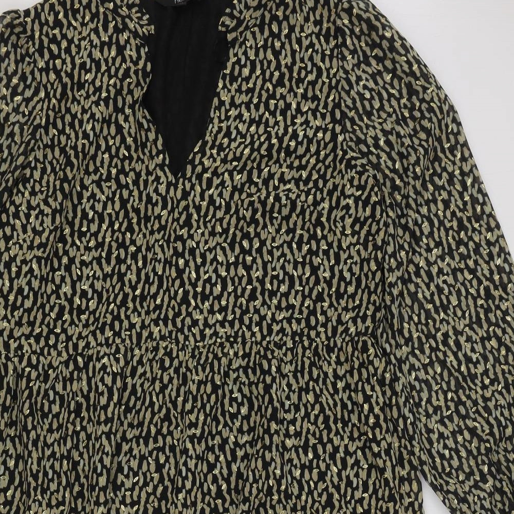 NEXT Womens Black Geometric Polyester A-Line Size 14 V-Neck Pullover