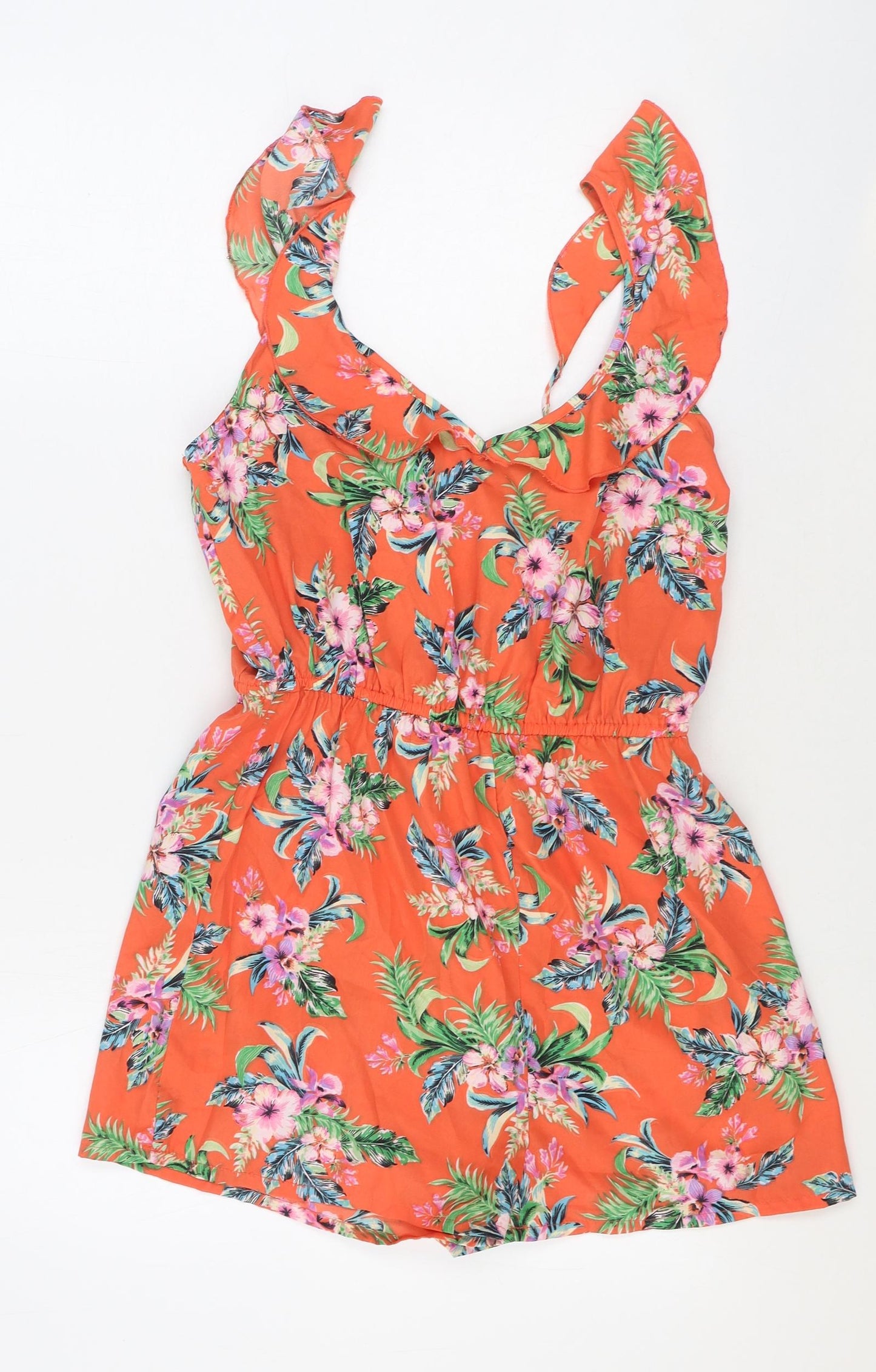 Primark Womens Orange Floral Polyester Playsuit One-Piece Size 12 Pullover